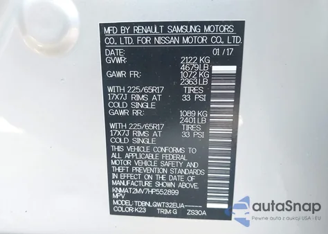 2017 Nissan Rogue Sv z USA, uszkodzony, nr VIN KNMAT2MV7HP552899